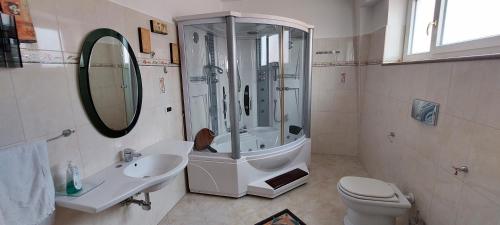 ein Bad mit einer Dusche, einem Waschbecken und einem WC in der Unterkunft Il Casale Le Tre Volte in Solfara Mare