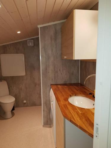 La petite salle de bains est pourvue d'un lavabo et de toilettes. dans l'établissement Leilighet Vikaparken Hardangerfjord, à Hatlestrand