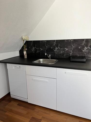a bathroom with a sink and a black counter top at LifeStyle Apartment Sinsheim in Sinsheim