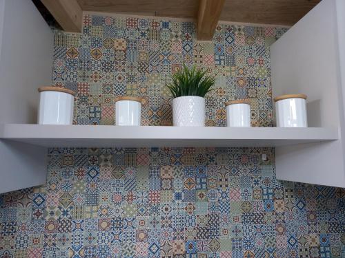 a shelf with cups and plants on a wall at Amieira do Tejo guest house in Barca da Amieira