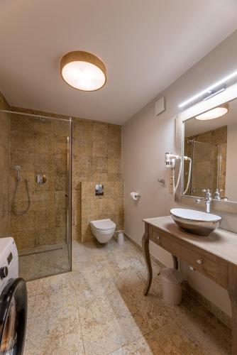 a bathroom with a sink and a shower and a toilet at Anielski Zakątek Solina - balia z jacuzzi i sauna w cenie pobytu in Solina