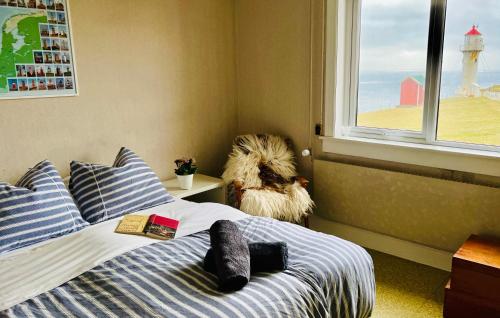 sypialnia z łóżkiem z książką i oknem w obiekcie Akraberg Lighthouse Lodge w mieście Sumba