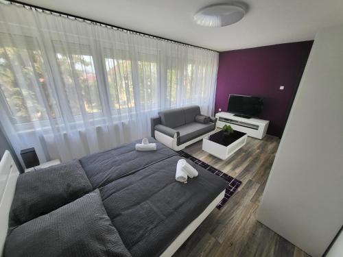 a bedroom with a large bed and a couch at Cosmopolitan Apartman in Sárospatak
