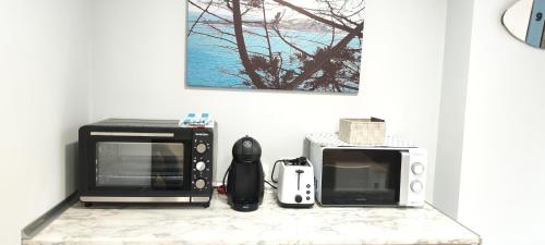 - une cuisine avec 2 fours micro-ondes sur un comptoir dans l'établissement Taraska I & II, à Bermeo