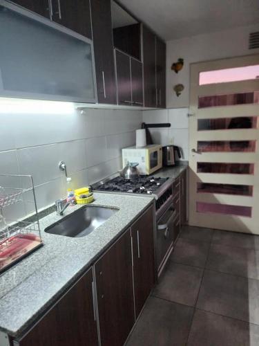 cocina con fregadero y fogones horno superior en Departamentos Dany en Buenos Aires