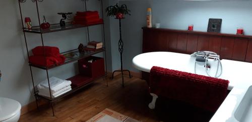 a bathroom with a white sink and a toilet at La Belle Maison in Piégut-Pluviers