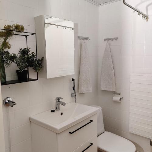 a white bathroom with a sink and a toilet at Sataman helmi in Savonlinna