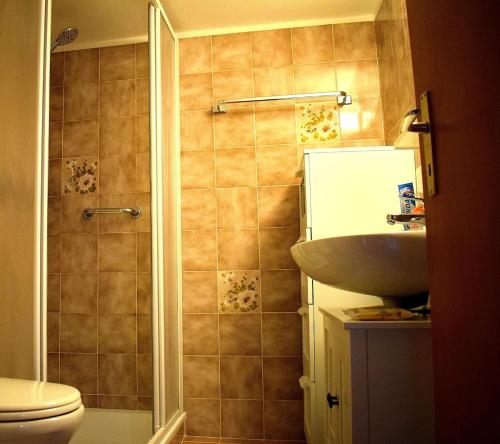 a bathroom with a shower and a sink and a toilet at Il Rustico 2 in Castel San Pietro