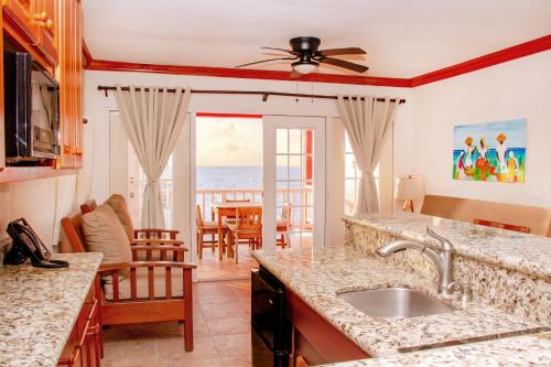 a kitchen with a sink and a view of the ocean at Mayan Princess Hotel in San Pedro