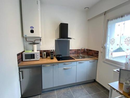 a small kitchen with a sink and a microwave at Studio lumineux de 35m2 au cœur de Solesmes in Solesmes