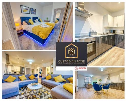 a collage of three pictures of a kitchen and a bedroom at Two bedroom - Central Peterborough - New Year Discount in Peterborough