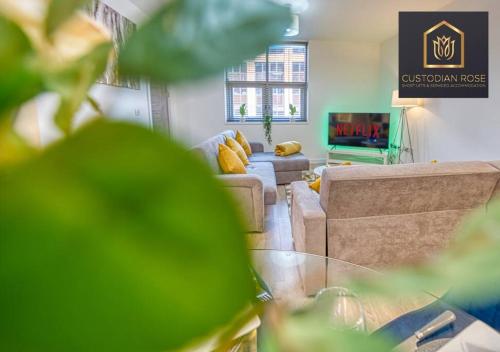 a living room with two couches and a tv at Two bedroom - Central Peterborough - New Year Discount in Peterborough