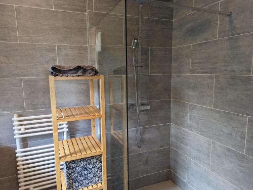 a bathroom with a shower with a glass door at Bristol self-catering studio+kitchen+parking in Bristol