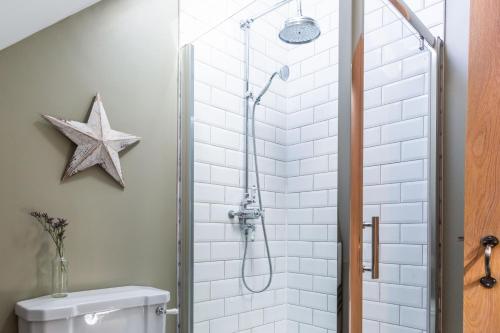 baño con ducha con una estrella en la pared en Sunflower Cottage en Ampleforth