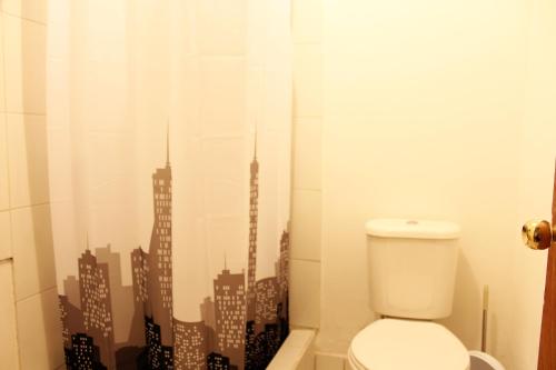 a bathroom with a toilet with a city shower curtain at Casa Sirius in San Pedro de Atacama