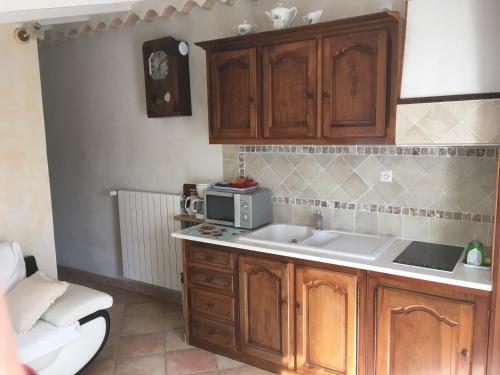 une cuisine avec un évier et un micro-ondes dans l'établissement Le Nid au Pied du Mont Ventoux, à Malaucène