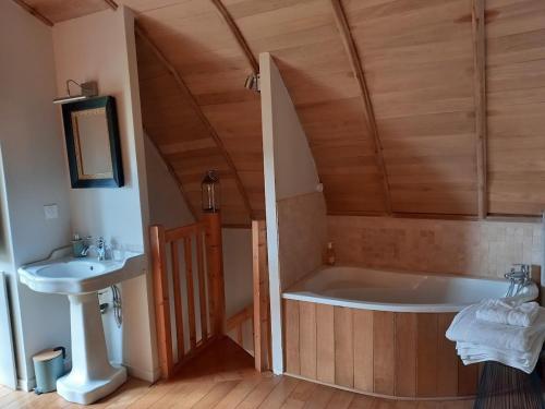 a bathroom with a tub and a sink at L'annexe du Plessis Bochard in Saint-Pierre-des-Nids