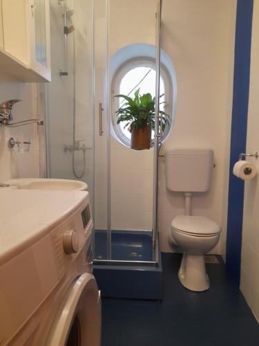 uma casa de banho com um WC e um chuveiro com um vaso de plantas em Two bells em Šibenik