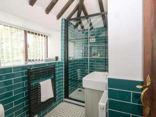 La salle de bains est pourvue de carrelage bleu et d'une douche avec un lavabo. dans l'établissement The Coach House, à Holywell