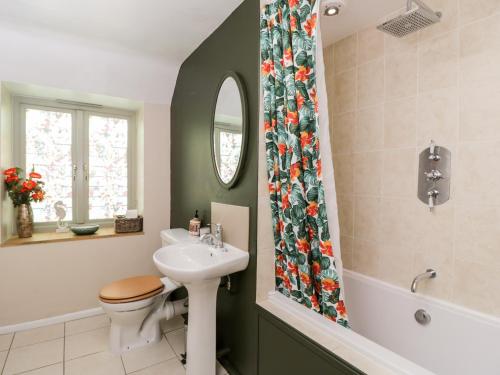 a bathroom with a sink and a toilet and a shower curtain at Yarn Cottage in Broadway