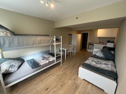 une chambre avec deux lits superposés et une cuisine dans l'établissement Malibu Monteur Apartment, à Rodenbach