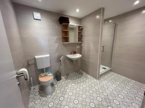 Malibu Monteur Apartment في رودنباخ: حمام مع مرحاض ومغسلة ودش