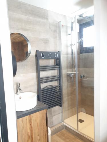 une salle de bain avec un lavabo et une douche dans l'établissement les etoiles de la plagne le quartz, à Belle Plagne
