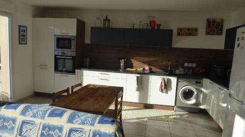 une cuisine avec une table et un lave-linge. dans l'établissement appartement pas loin des montagnes, à Gap