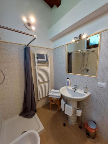 a bathroom with a sink and a toilet and a mirror at Pizzocolo resort fasano in Gardone Riviera