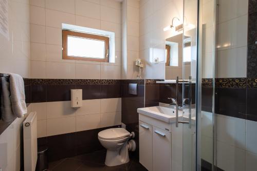 een badkamer met een toilet en een wastafel bij Pensiunea Heveder in Praid