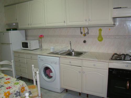 een keuken met een wastafel en een wasmachine bij GP Guest House in Alvor