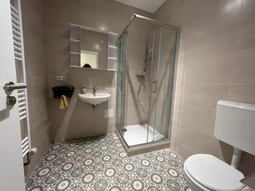 a bathroom with a shower and a toilet and a sink at Meridian Monteur Apartment in Rodenbach
