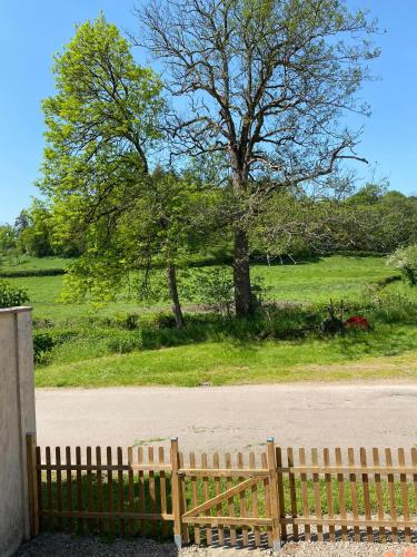 a wooden fence with a tree in the background at Petit cocon au cœur du Morvan in Montreuillon