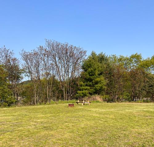 un parque con un banco en medio de un campo en Pocono Point RV & Campground en Lehighton