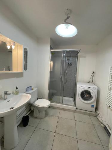 une salle de bain avec douche et machine à laver dans l'établissement Le Cheret, à Nice