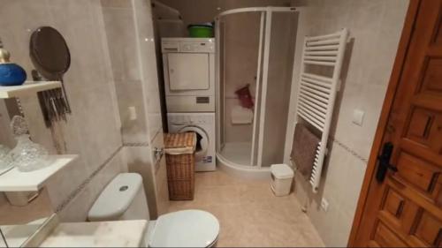 a small bathroom with a toilet and a shower at Felicidad in Denia