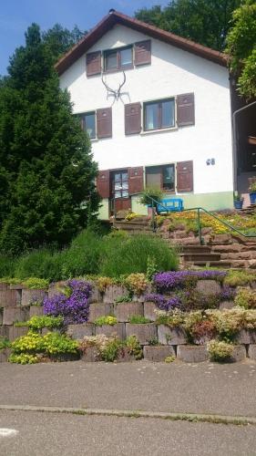 a house with a bunch of flowers in front of it at La casita linda in Eberbach