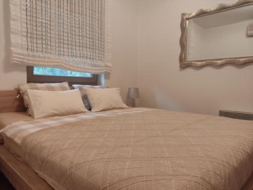 1 dormitorio con 1 cama grande y espejo en la pared en Sunset Apartment with a private yard at Medulin Riviera, en Medulin