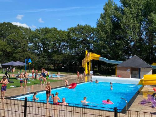 un grupo de personas jugando en una piscina en Chalet with large veranda 6p centrally located in National Park, Swimming pool, en Wateren