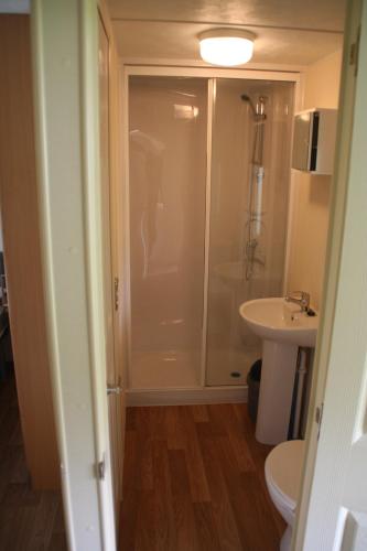a bathroom with a shower and a toilet and a sink at Chalet with large veranda 6p centrally located in National Park, Swimming pool 168 in Wateren