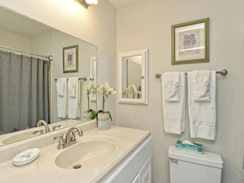 een badkamer met een wastafel, een spiegel en een toilet bij Lake Travis Bungalow Casita Golden Rod #2 in Lakeway