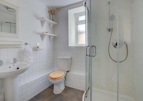 a bathroom with a toilet and a sink and a shower at Tamarisk in Mousehole