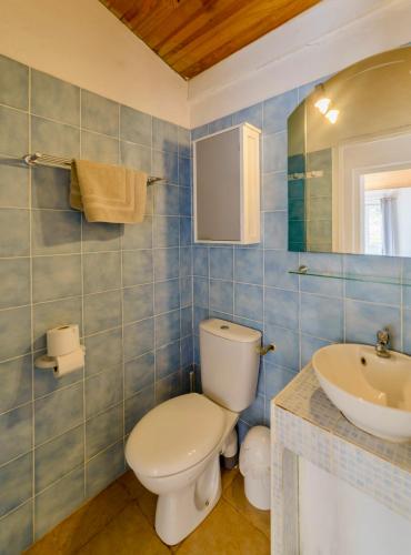 a blue tiled bathroom with a toilet and a sink at Résidence Itylon in Cargèse
