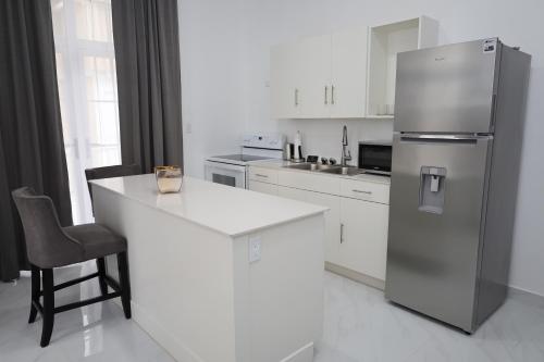 a kitchen with a stainless steel refrigerator and a counter at The Ellysian Apartments in Placencia Village