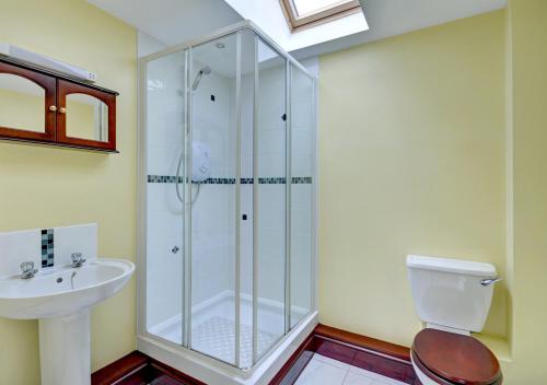 a bathroom with a shower and a toilet and a sink at Trembleath Parlour in Saint Mawgan
