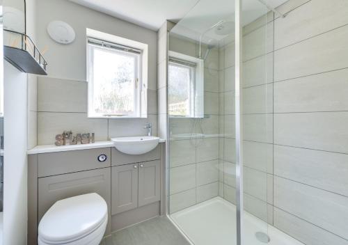 uma casa de banho com um chuveiro, um WC e um lavatório. em Pike Cottage em Kettleburgh