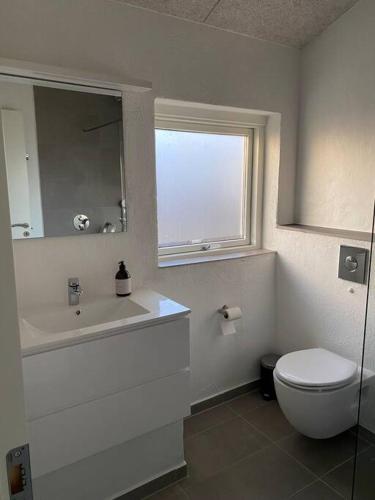 baño con aseo y lavabo y ventana en Fin ny moderniseret lejlighed i Skagen. en Skagen