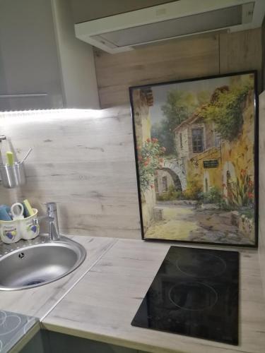 La salle de bains est pourvue d'un lavabo et d'une peinture murale. dans l'établissement Magnifique Studio non fumeur près de la gare, à Béziers