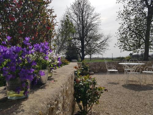 a row of flowers in vases on a stone wall at Domaine et Manoir du Picaud in Monestier