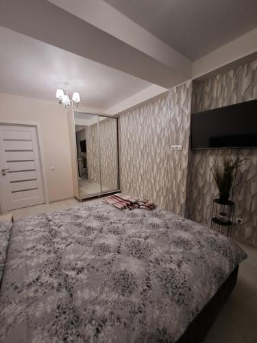 een slaapkamer met een groot bed en een televisie bij Chirie Apartament in Chişinău